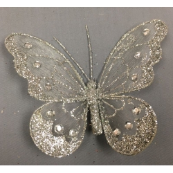 Butterflies with Clip Glitter Silver 4" (12)